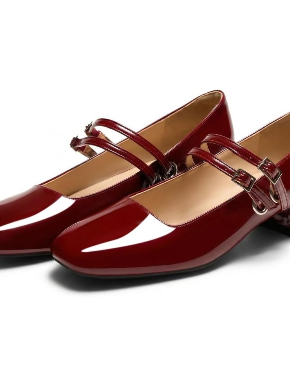 Women's Pearl Burgundy Mary Jane Low Pearl Heels Square Toe Pumps Ballet Shoes - Picture 4 of 6